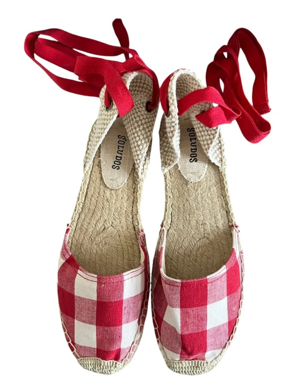 Soludos Red & White Gingham Lace Ankle Espadrilles Size 11